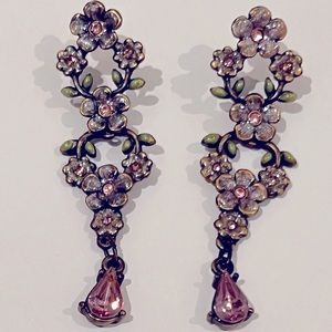 Pink and green flower earrings drop style with pink diamantés